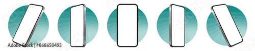 Mockup of a phone screen. Social media promotion. Advertising on a smartphone display. Device front view. 3D mobile phone. Cell phone. Teal green round frames.	