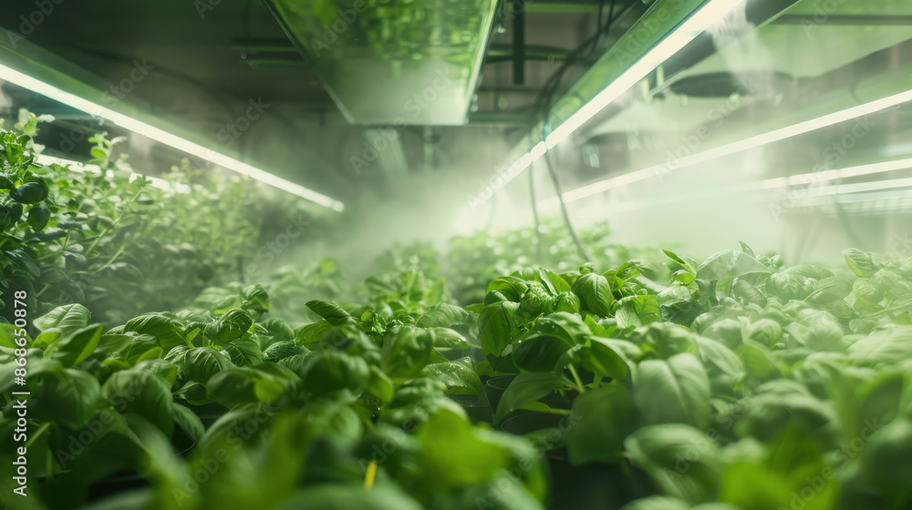 An aeroponic system with plants growing in air and mist, supported by an advanced nutrient delivery system An aeroponic system with plants growing in air and mist, supported by an advanced nutrient delivery system
