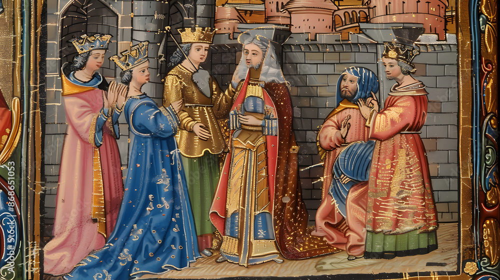 Obraz premium Medieval style colorful wall and manuscript illustrations of middle ages aristocracy