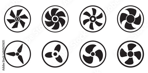Air cool fan icons of ventilator, blower, blowhole and fan propeller blade. Cooling, conditioning and ventilation equipment monochrome vector symbols. PC computer, car engine or boat turbine fan