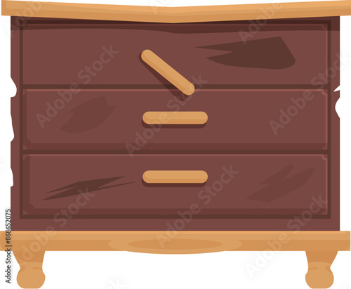 Old wooden dresser with three drawers, showing signs of age and wear, isolated on white
