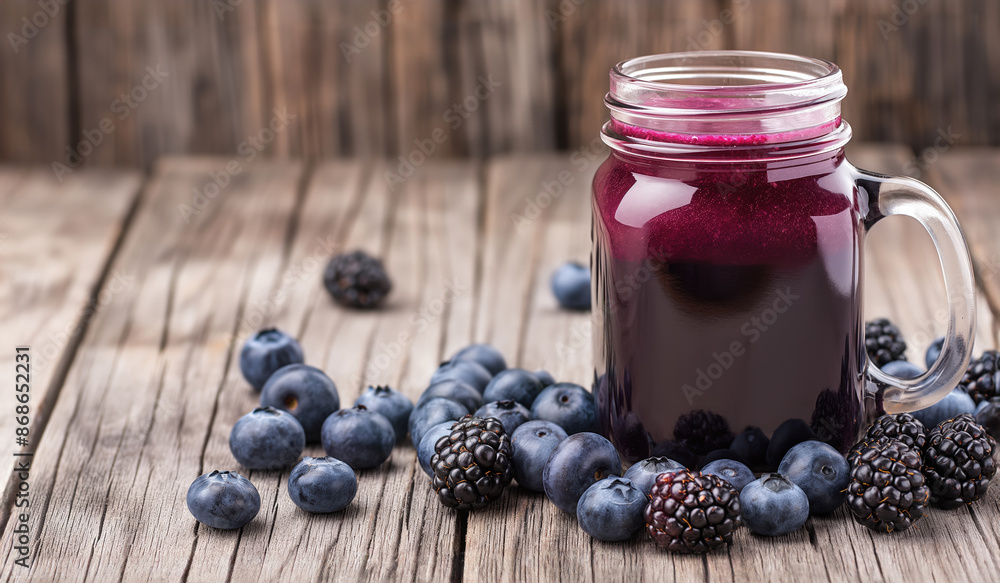 A mason jar filled with fresh berry juice, surrounded by scattered blueberries and blackberries on a rustic wooden table. A mason jar filled with fresh berry juice, surrounded by scattered blueberries and blackberries on a rustic wooden table.