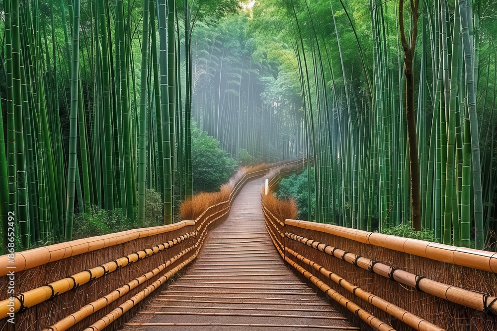 Fototapeta premium A tranquil wooden walkway leads through a dense bamboo forest, shrouded in morning mist, creating a calming and enchanting atmosphere perfect for nature lovers.