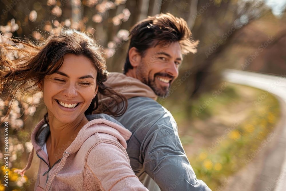 A couple enjoying a joyous moment outdoors, laughing and holding hands amidst a scenic landscape, representing happiness, freedom, and connection in nature’s embrace. A couple enjoying a joyous moment outdoors, laughing and holding hands amidst a scenic landscape, representing happiness, freedom, and connection in nature’s embrace.