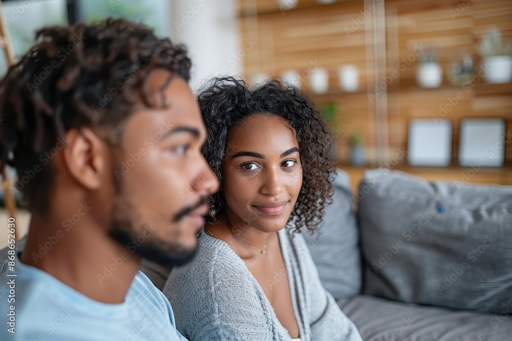 A couple sitting together in a peaceful moment, gazing tenderly at each other, emphasizing love and understanding within a modern, cozy home setting filled with warmth. A couple sitting together in a peaceful moment, gazing tenderly at each other, emphasizing love and understanding within a modern, cozy home setting filled with warmth.