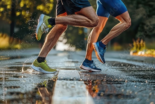 Two individuals in athletic wear are engaged in a high-speed race on a wet road, their shoes splashing through puddles as they compete against each other with intense determination. photo