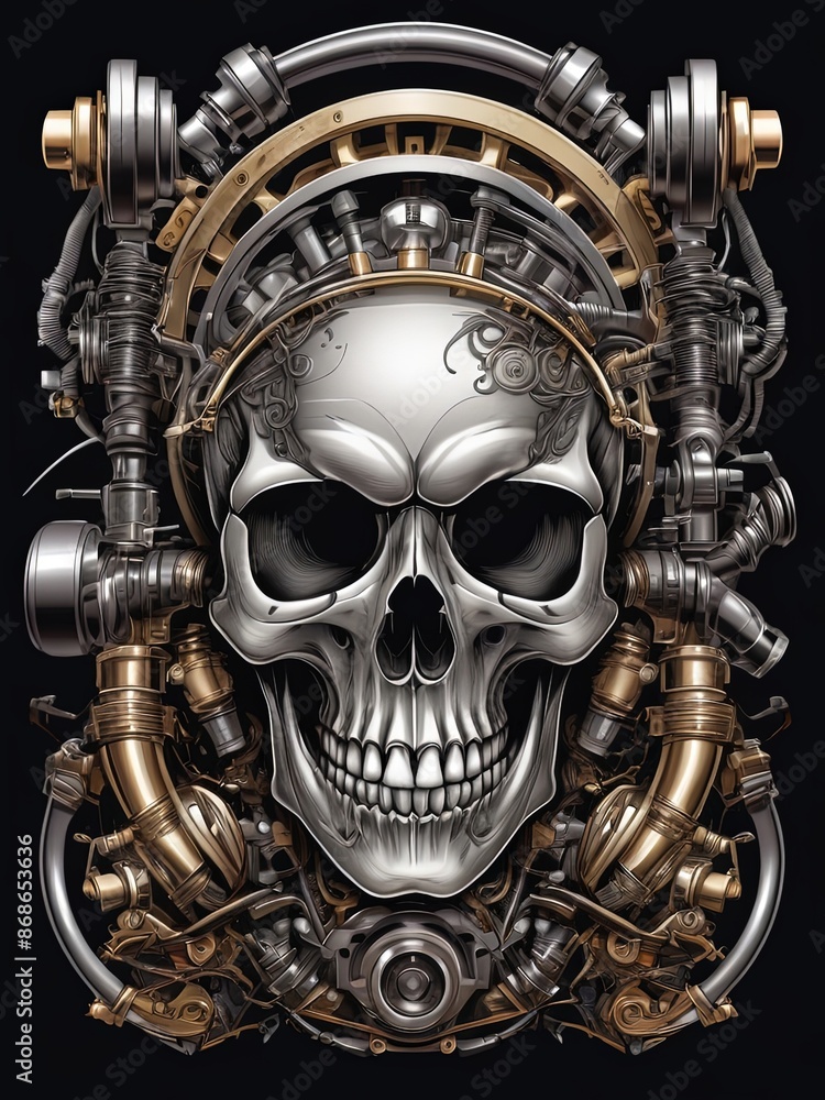 Detailed Design of a Skull Head Illustration with a Machine Suitable for Motorcycle Community T-Shirt Designs or Gangster Motorcycle Club Mascot Logos. skull head mascot artwork. Generative AI Detailed Design of a Skull Head Illustration with a Machine Suitable for Motorcycle Community T-Shirt Designs or Gangster Motorcycle Club Mascot Logos. skull head mascot artwork. Generative AI