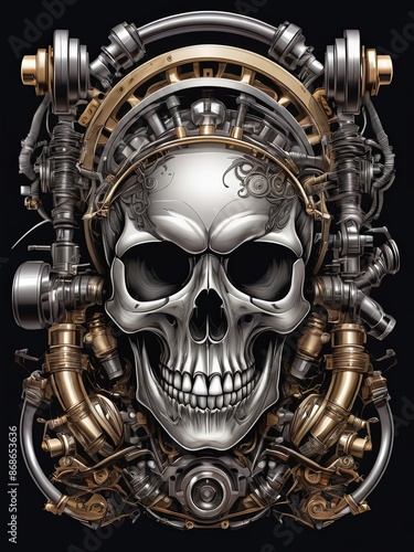 Detailed Design of a Skull Head Illustration with a Machine Suitable for Motorcycle Community T-Shirt Designs or Gangster Motorcycle Club Mascot Logos. skull head mascot artwork. Generative AI © sanstudio