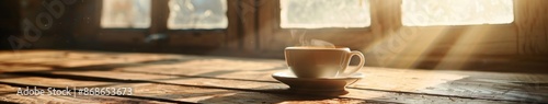Sunlit Cup of Coffee on Wooden Table in a Country Kitchen, Embracing Cultural Faith and Simple Joys, AI-Generated High-Resolution Wallpaper for a Cozy Atmosphere"