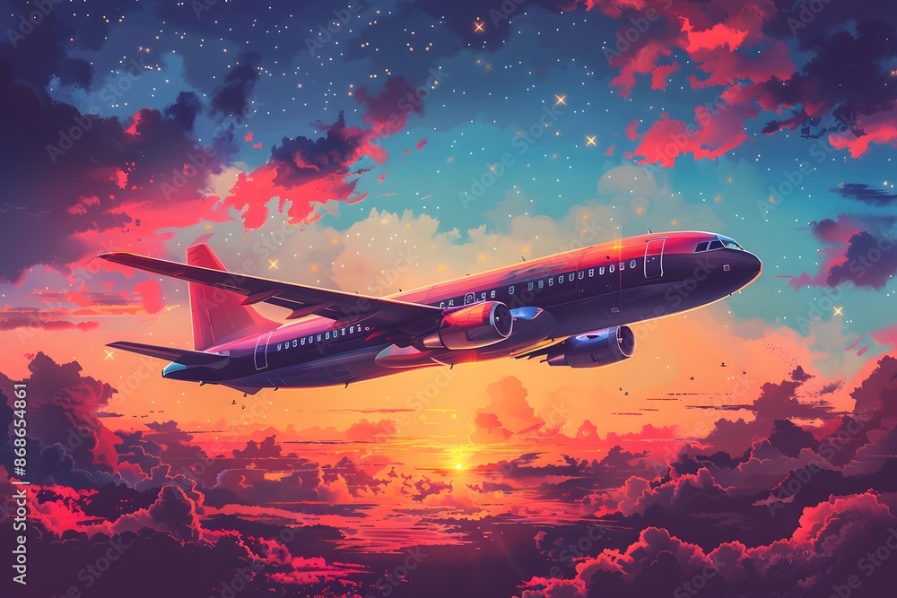 Passenger Airplane Flying at Sunset Passenger Airplane Flying at Sunset
