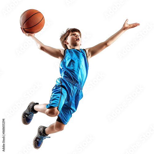Boy in Blue Jersey Jumping With Basketball , Dynamic Sports Posture Capturing Motion.. Isolated on a Transparent Background. Cutout PNG.