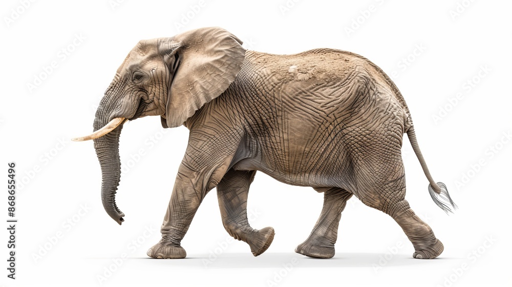 Obraz premium Close-up of a majestic African elephant walking on a white background. The elephant is beautifully captured in stride, showcasing its natural elegance. 