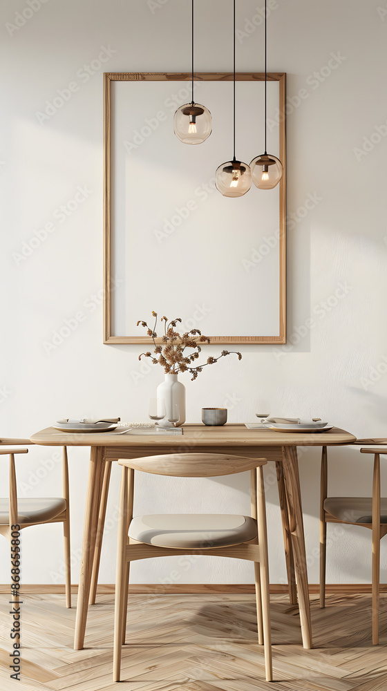 Scandinavian simple interior design living room, dining room with empty poster mockup on the wall