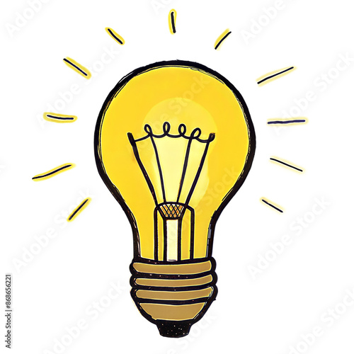 Yellow light bulb with rays in sketched style