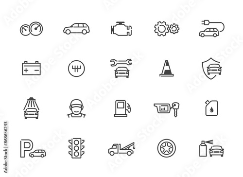 Car service and repair icons set. Automotive symbols in contour. Line pictograms collection. Vector illustration