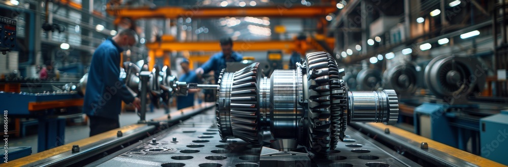 A photo of an industrial factory with workers working on large engine parts, such as aircraft engines or power plant turbines. The focus is on the machinery and tools A photo of an industrial factory with workers working on large engine parts, such as aircraft engines or power plant turbines. The focus is on the machinery and tools