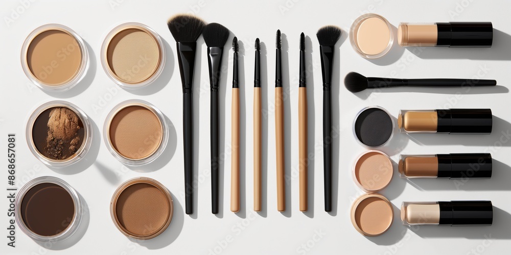 Makeup Brushes and Cosmetics Flat Lay on White Background. Beauty Products and Tools Organized Neatly for Makeup Application Makeup Brushes and Cosmetics Flat Lay on White Background. Beauty Products and Tools Organized Neatly for Makeup Application