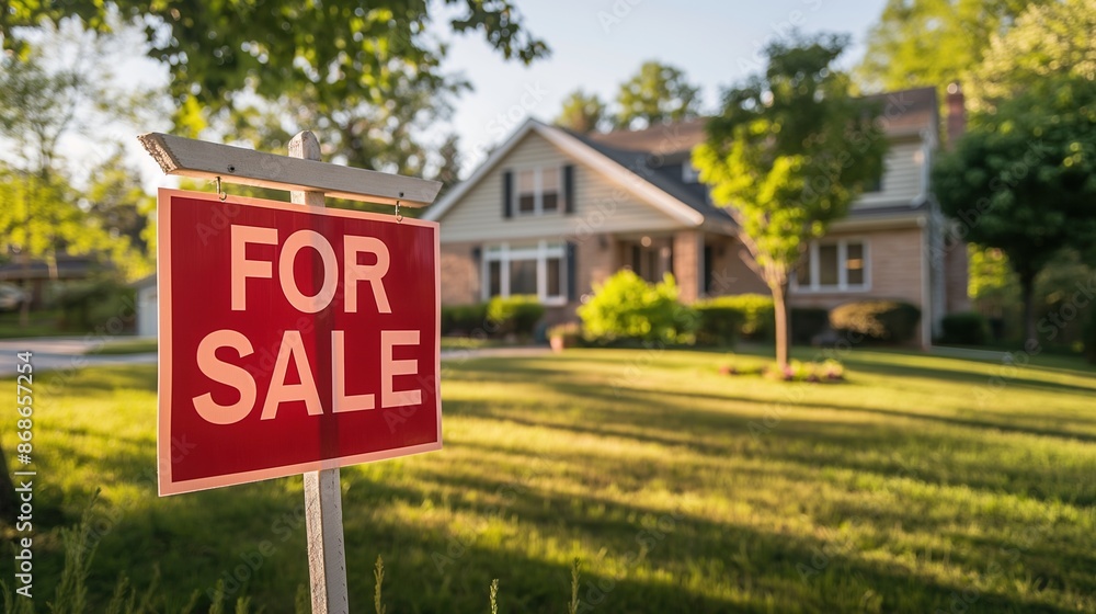 House for Sale in Suburban Neighborhood. Real Estate Sign in Front of Home for Sale House for Sale in Suburban Neighborhood. Real Estate Sign in Front of Home for Sale