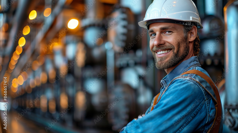 blue collar worker in front of the production plant created with Generative AI technology blue collar worker in front of the production plant created with Generative AI technology