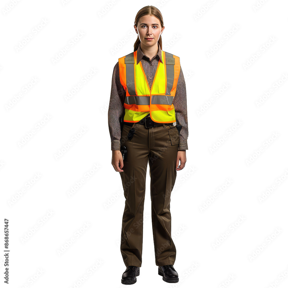 Fulllength Portrait of a Female Security Officer in a Safety Vest Showcasing Confident Posture Reflective Vest and Uniform for Public Security. Isolated on a Transparent Background. Cutout PNG. Fulllength Portrait of a Female Security Officer in a Safety Vest Showcasing Confident Posture Reflective Vest and Uniform for Public Security. Isolated on a Transparent Background. Cutout PNG.
