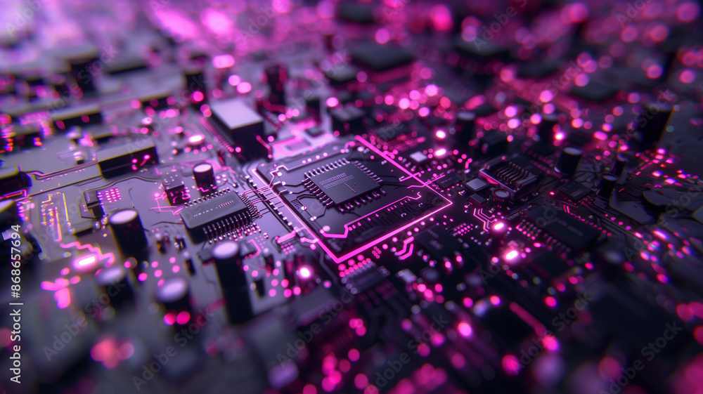 High-tech chip on a motherboard with integrated circuits and neon effects for a futuristic look High-tech chip on a motherboard with integrated circuits and neon effects for a futuristic look