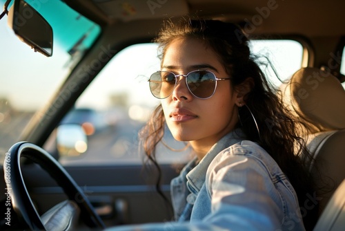 Portrait of a young Latin woman wearing sunglasses and driving a car, exuding confidence and style. Perfect for automotive and lifestyle content. © Raad