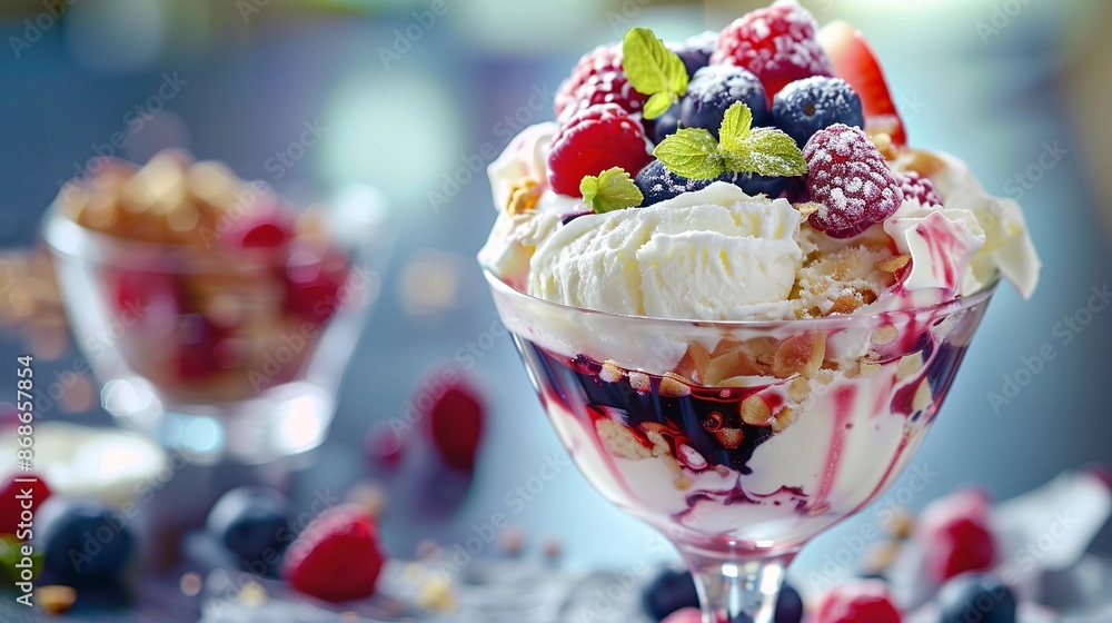 Deliciuos berry and vanilla ice cream sundae with toppings in a glass. Deliciuos berry and vanilla ice cream sundae with toppings in a glass.