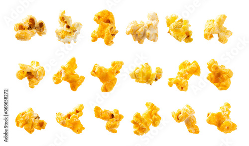 Delicious cheesy popcorn isolated on white background. Cinema and entertainment concept. Movie night with popcorn. Cheese and caramel popcorn. Delicious appetizer, snack. Banner