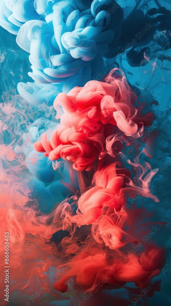 Fototapeta premium Red and blue ink clouds in water, abstract background