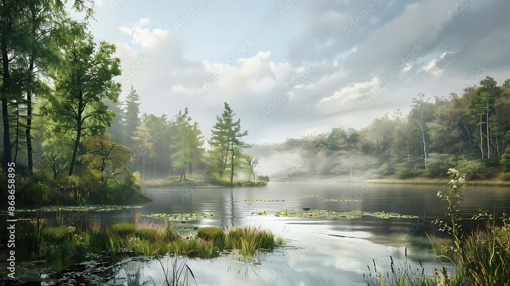 Obraz premium Beautiful scene with a lake in a woodland and an overcast sky very detailed and realistic shape