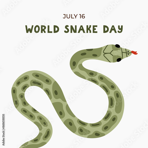 Simple cute banner for World Snake Day at 16th of July with cartoon serpent and lettering. Holiday concept for website, poster, background, card to raise awareness about importance of snakes, viper.