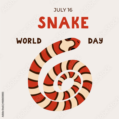 Simple cute banner for World Snake Day at 16th of July with cartoon rolled elapidae snake, lettering. Holiday template for website, poster, background to raise awareness about importance of snakes.
