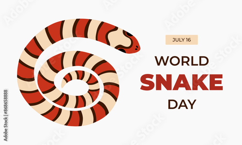 Simple horizontal banner for World Snake Day at 16th of July with rolled elapidae snake, typography. Holiday template for website, poster, background to raise awareness about importance of snakes.