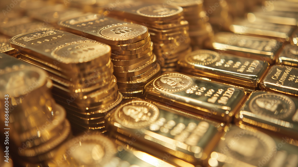 Close-up of several gold bars stacked neatly on top of each other Close-up of several gold bars stacked neatly on top of each other