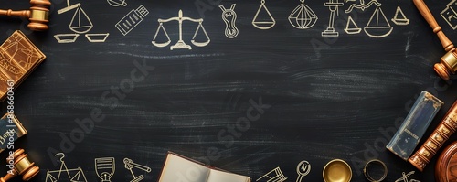 Abstract image of a classic blackboard covered in legal symbols such as scales, gavels, and books, representing the fundamental elements of law
