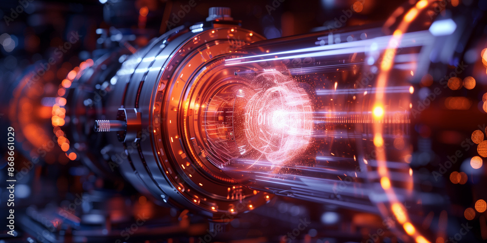 A dimly lit industrial tunnel with a large, glowing metal pipe running down its center A dimly lit industrial tunnel with a large, glowing metal pipe running down its center