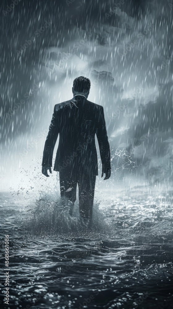 Obraz premium Abstract Illustration of a Soaked Businessman Walking into Water, Surreal Concept of Business Failure, Sadness, Self-Healing, and Solitude, AI-Generated High-Resolution Wallpaper in Teal and Red Hues