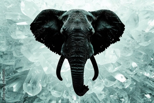 A black silhouette logo of an elephant's face, including detailed textures of its trunk and ears, set against a bright crystalline background photo