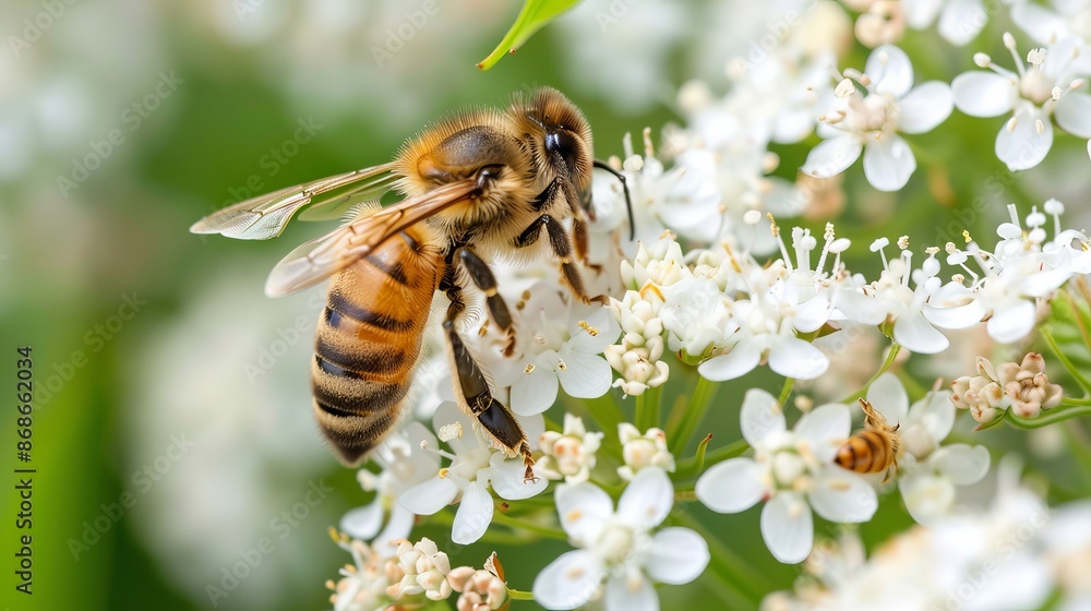 Honey bees gather pollen and sugary nectar from tiny white flowers on a spirea plant. Honey bees gather pollen and sugary nectar from tiny white flowers on a spirea plant.