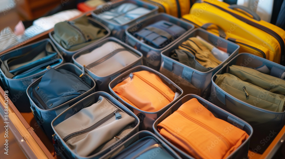 Fototapeta premium Stylish and functional packing cubes: travel essentials neatly organized in your suitcase for efficient packing.