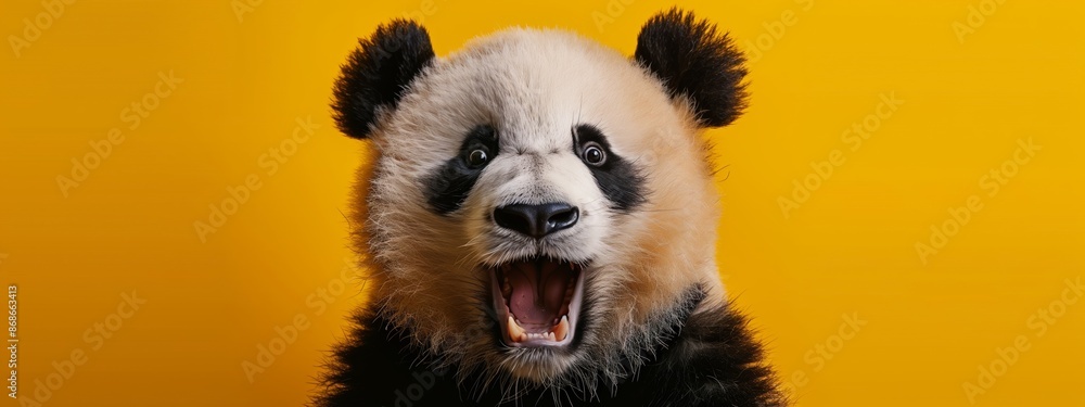 Obraz premium A panda looks into the camera with its mouth open on a yellow background