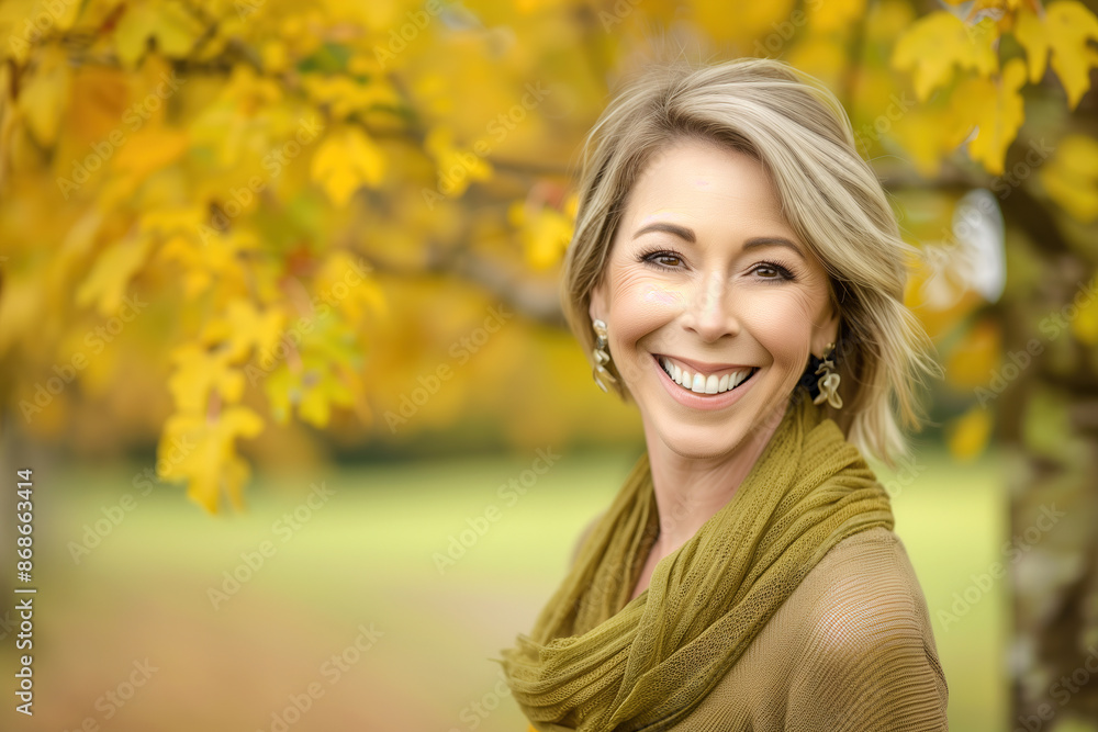 Smiling mature woman enjoying a sunny autumn day outdoors
Smiling mature woman enjoying a sunny autumn day outdoors