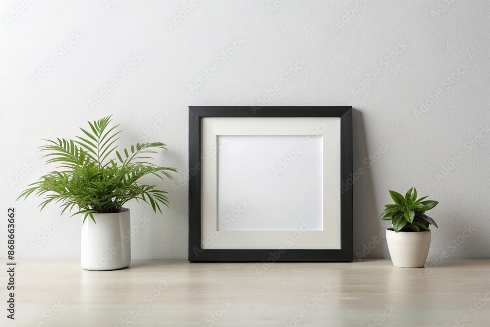 A black picture frame sits on a table, flanked by two potted plants, with a plain white wall in the background. - picture, frame, table, plants, white, wall, black, potted, background, minimalism A black picture frame sits on a table, flanked by two potted plants, with a plain white wall in the background. - picture, frame, table, plants, white, wall, black, potted, background, minimalism