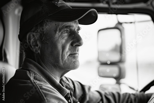 A truck driver at work behind the wheel of his vehicle. © Michael