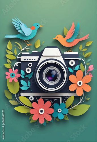 a vector illustration of birds and flowers with a photography camera on it