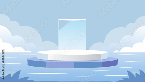 blank podium sits atop sea of white, floating in world of its own., solitary, podium, white background, surreal photo