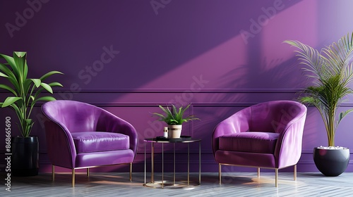 Chairs in a comfortable stylish living area against a deep purple wall very detailed and realistic shape