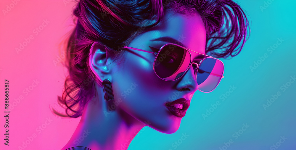 Obraz premium A stylish woman with large glasses is illuminated by vibrant pink and blue neon lights. The futuristic setting highlights her sharp features and confident expression, creating a modern aesthetic
