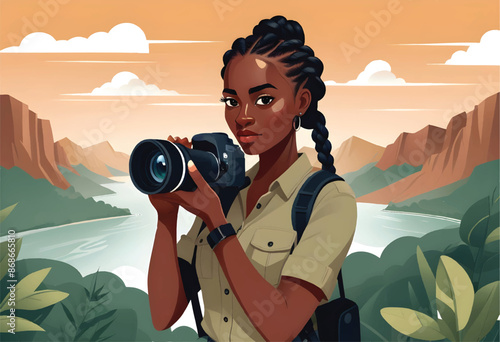 a vector illustration of a woman holding a camera is taking a picture of a mountain landscape