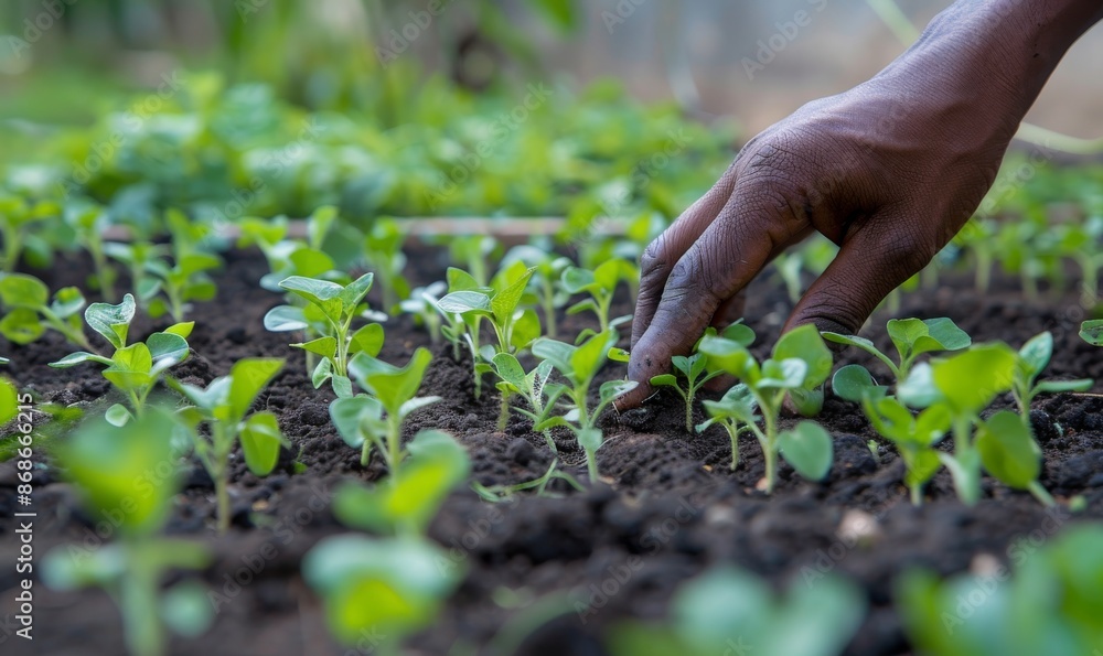 close-up of african farmer's hand planting seeds in soil, showcasing urban agriculture and food production in rural areas, natural light creating soft shadows, capturing gardening details close-up of african farmer's hand planting seeds in soil, showcasing urban agriculture and food production in rural areas, natural light creating soft shadows, capturing gardening details